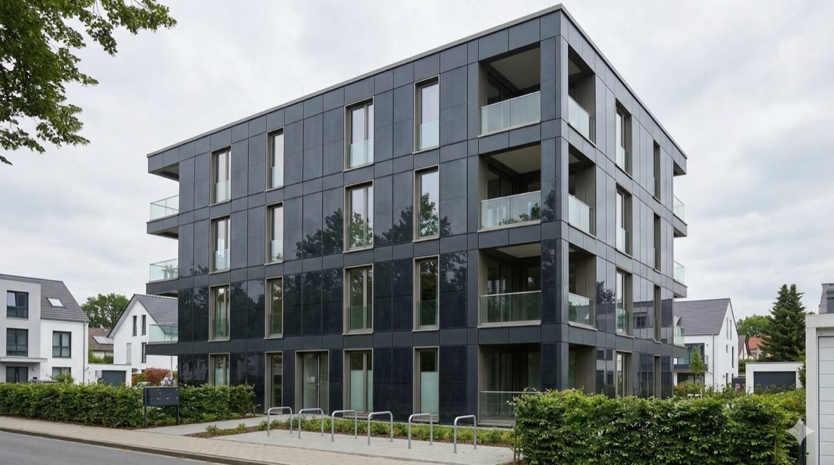 Modernes Mehrfamilienhaus mit dunkler BIPV-Solarfassade von Sechsecken