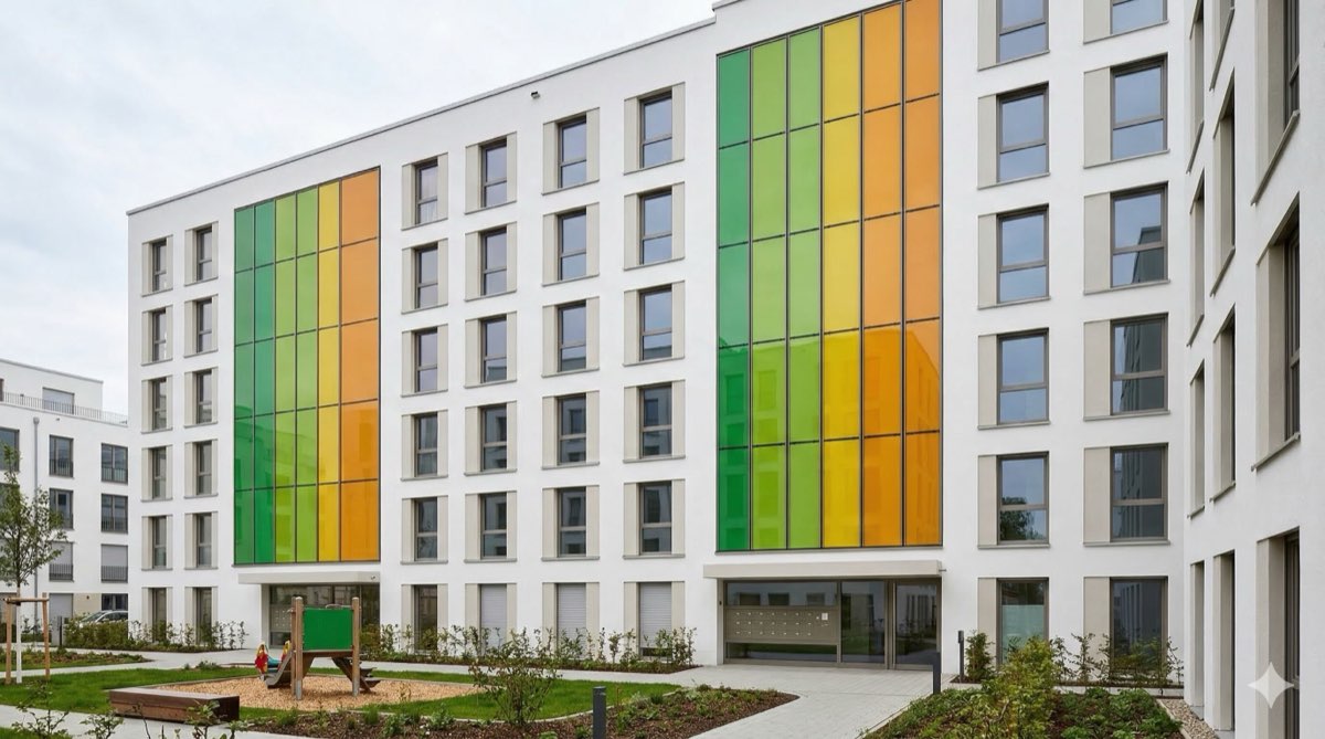 Wohngebäude mit farbiger BIPV-Fassade in Grün und Orange – Sechsecken Design