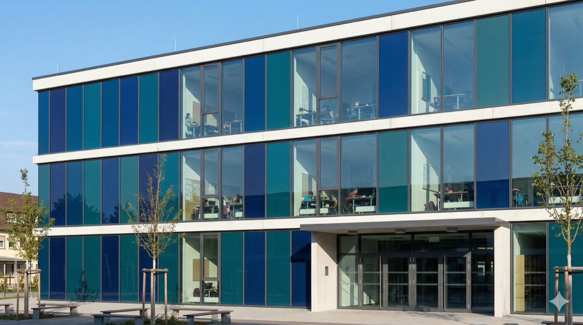 Bürogebäude mit blauer BIPV-Solarfassade – Sechsecken Referenzprojekt